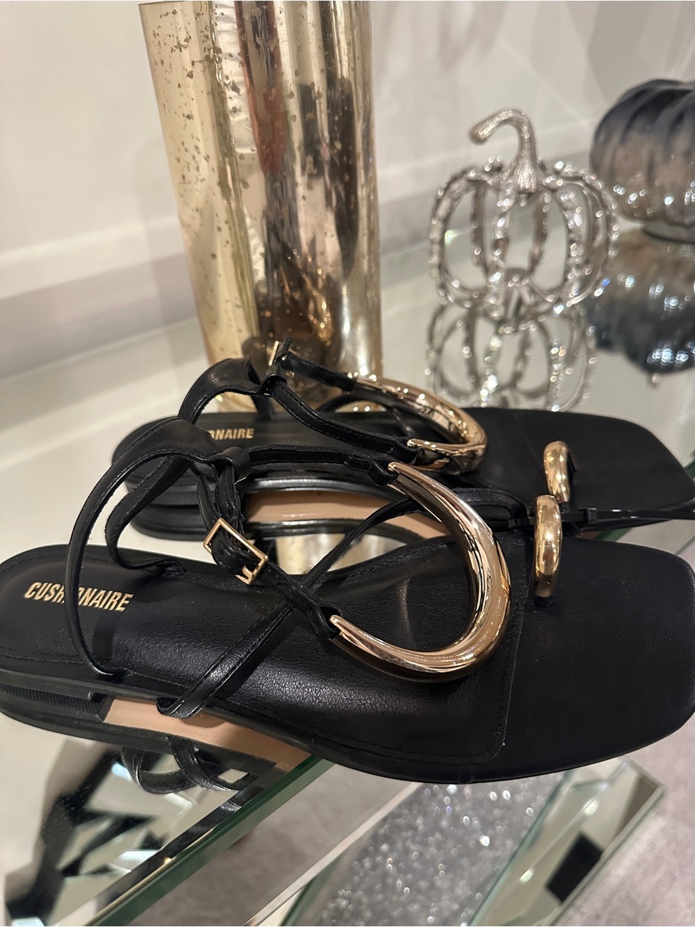 Cushionaire Black Gold-Accent Strappy Sandals